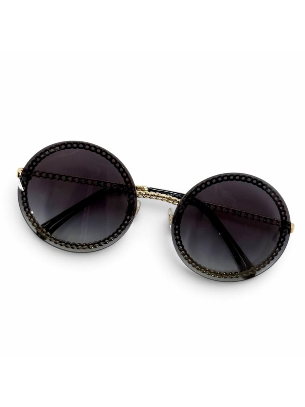 Chanel Chain Glass Cord CC Logo Round Sunglasses Black Gold Eyewear